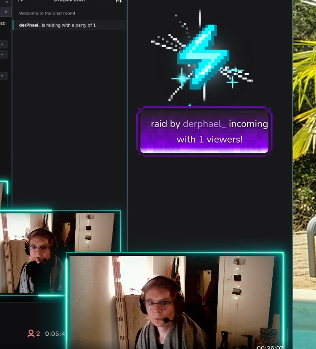 A screenshot of a stream with a webcam feed of me and a pixel art animation of an incoming raid by derphael_ with one viewer