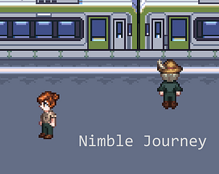 A screenshot of
the game in pixel art style. There are two characters standing on a platform in
front of a train; one of them wears a hat. A text overlay reads Nimble
Journey.